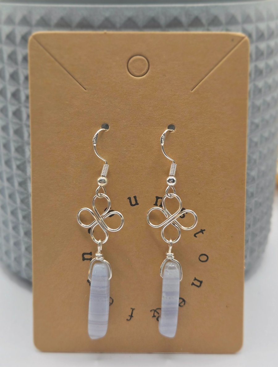 Blue Lace Agate Earrings, Sterling Silver Hooks, Celtic Knot Clover Charms