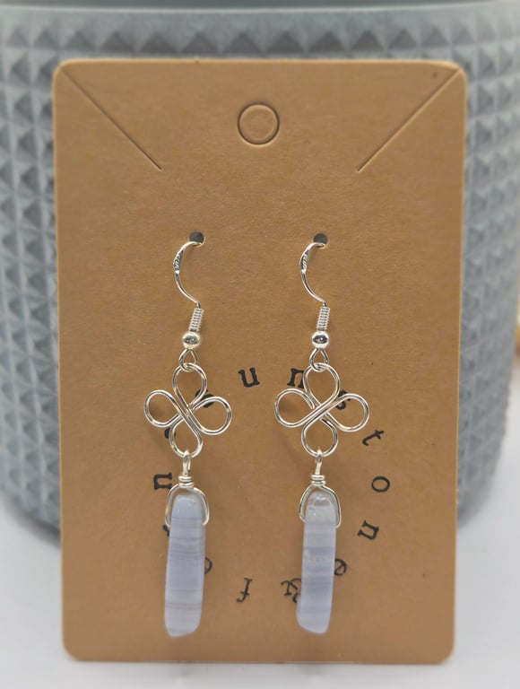 Blue Lace Agate Earrings, Sterling Silver Hooks, Celtic Knot Clover Charms