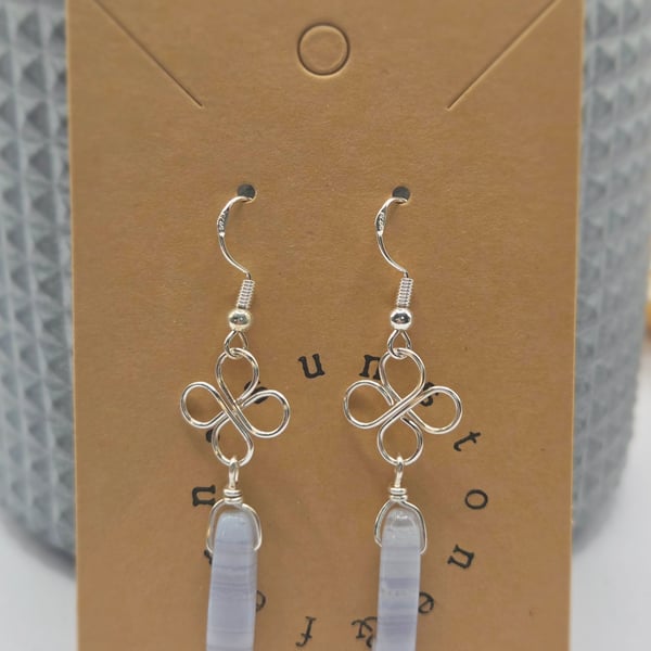 Blue Lace Agate Earrings, Sterling Silver Hooks, Celtic Knot Clover Charms