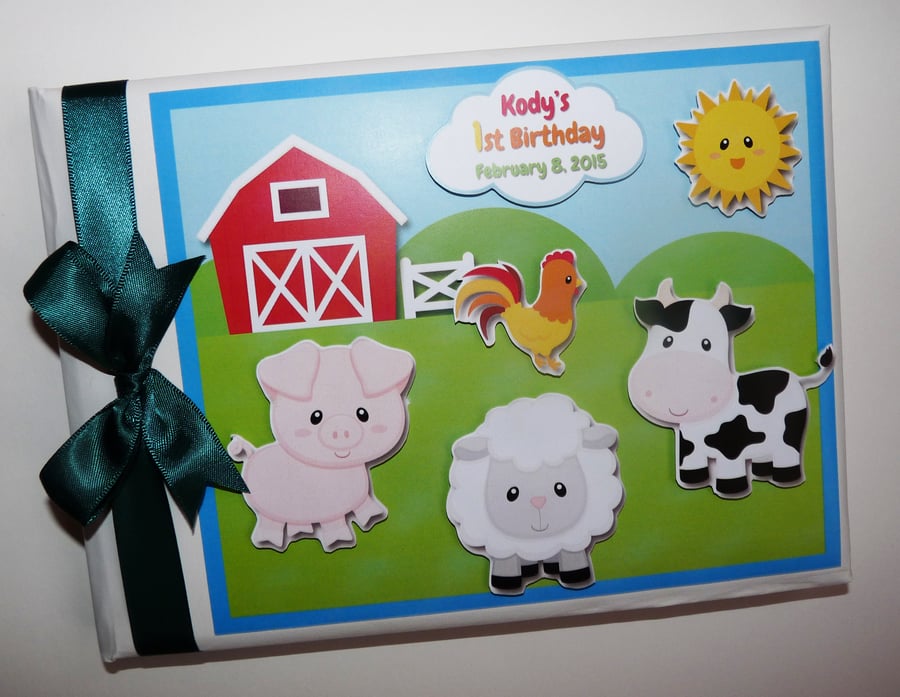 Farm animals boy birthday guest book, farm animals baby shower, gift