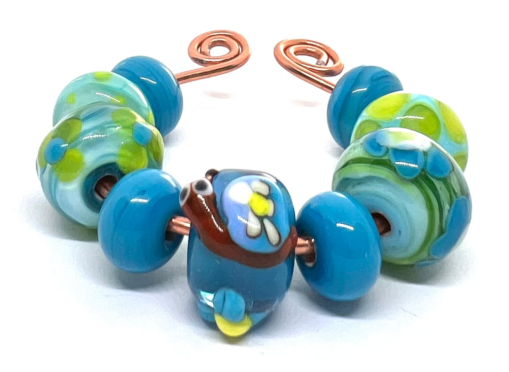 Handmade Lampwork Glass Beads – Garden Snail Focal & Sky Blue Floral Set of 9