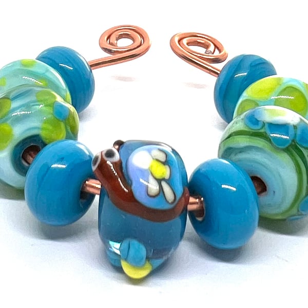 Handmade Lampwork Glass Beads – Garden Snail Focal & Sky Blue Floral Set of 9
