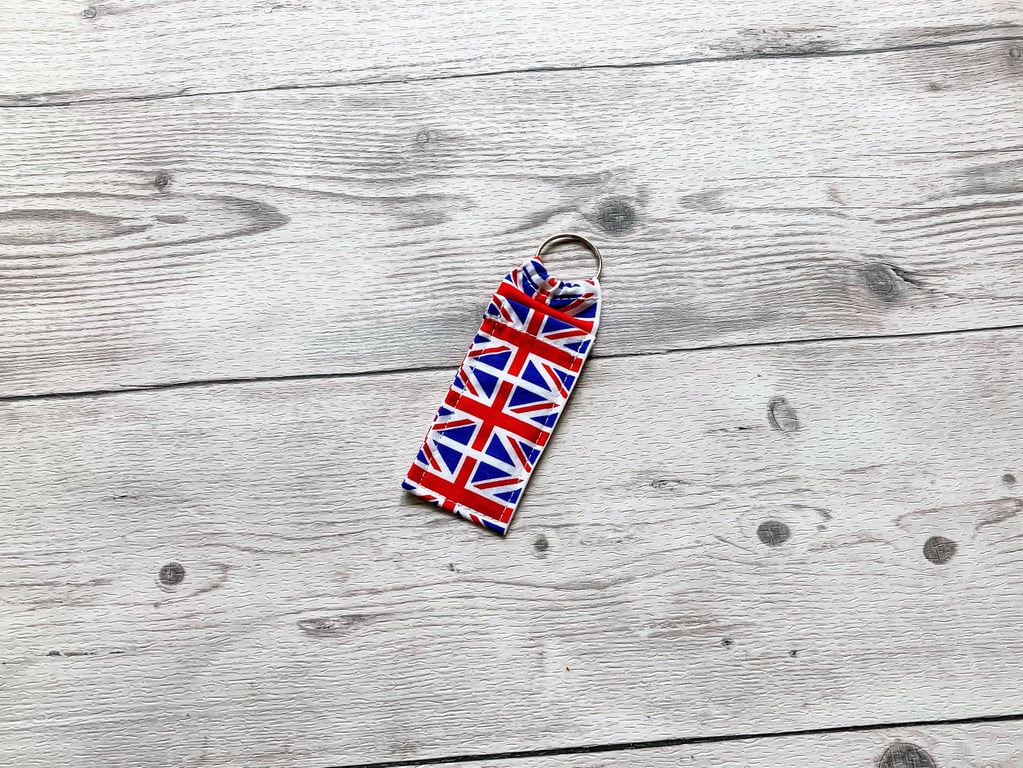 Great Britain, Union Jack themed fabric lip balm keyring holder.