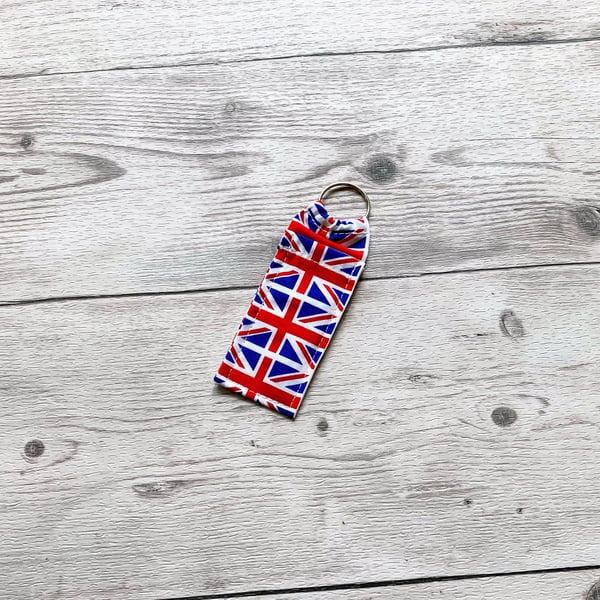 Great Britain, Union Jack themed fabric lip balm keyring holder.
