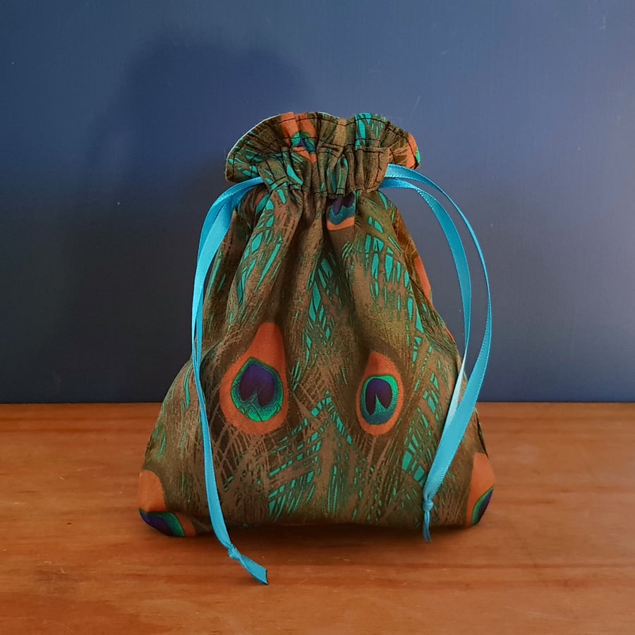 Mini Peacock Feather Reusable Gift Bag - Drawstring Storage Bag