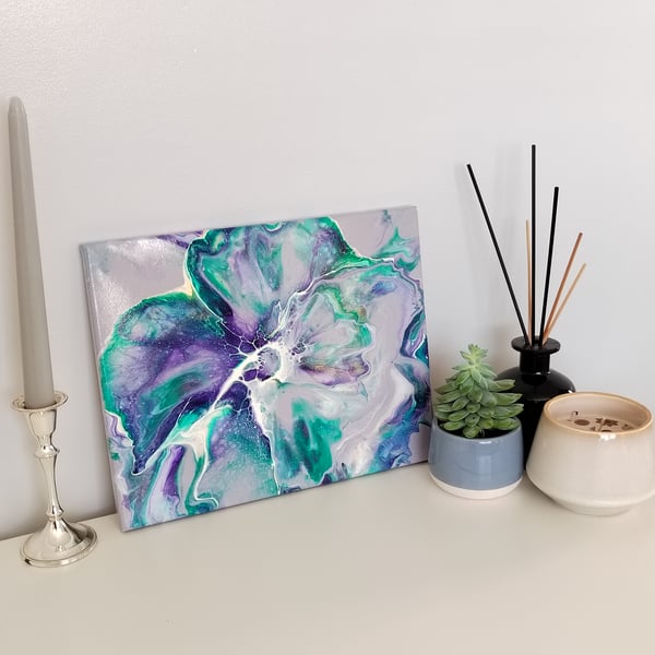 24x30cm Lavender Acrylic Abstract Flower Pour Painting on Canvas Room Decor 