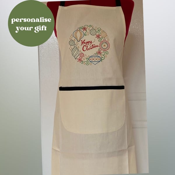 Chef Style Apron In Cream Embroidered with 'Happy Christmas'