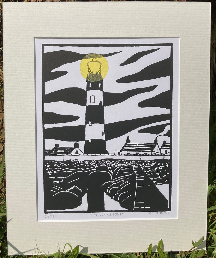 St John's Point Lighthouse Linoprint County Down Northern Ireland Art
