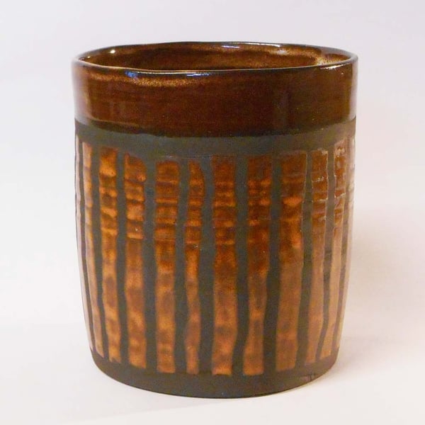 Planter or Utensil Holder Black Clay striped glaze.