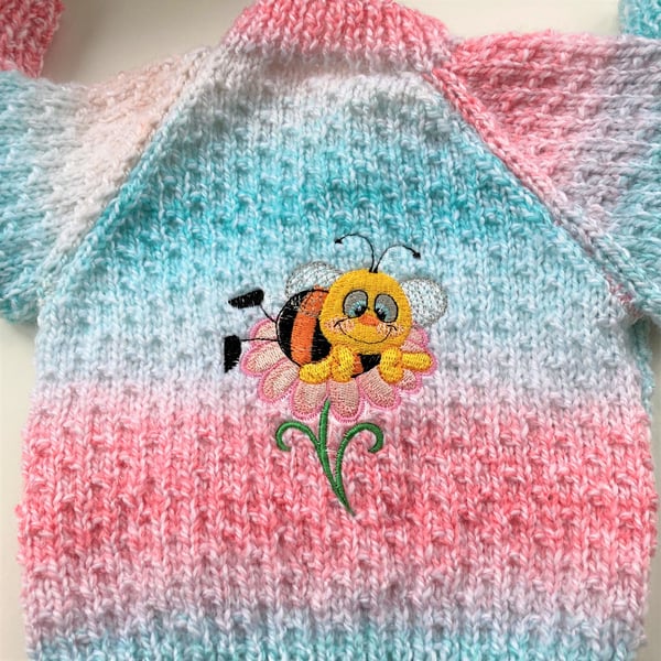 Hand knitted baby cardigan 0-6months with embroidered bee