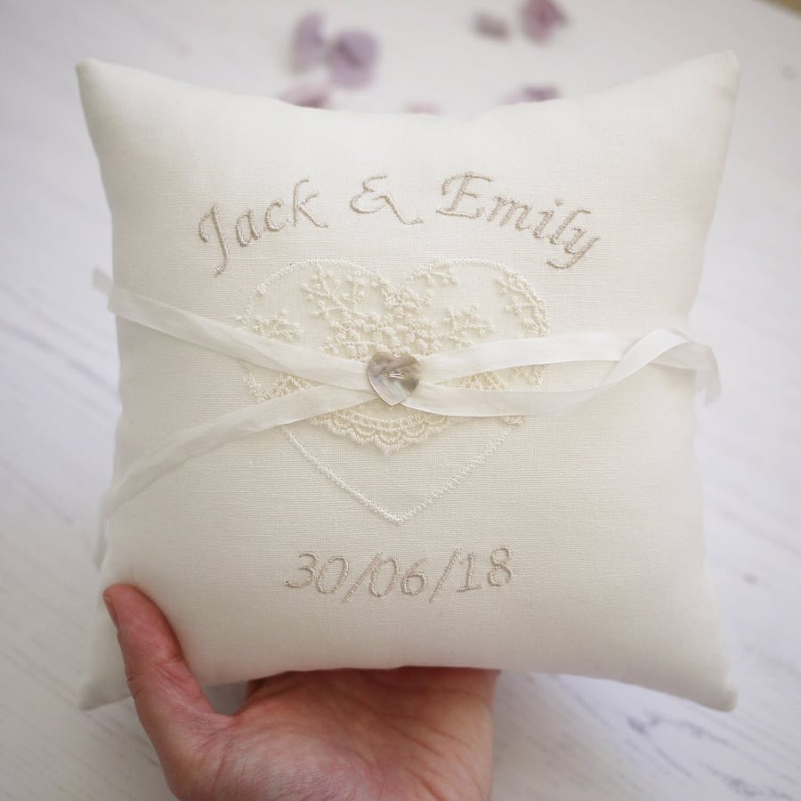 personalised ring bearer pillow, lace wedding cushion, wedding ring cushion