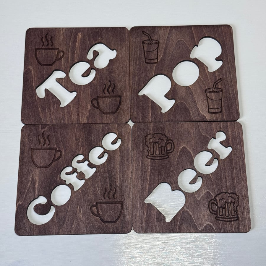 Walnut Stain Wooden Coasters Set, Tea, Coffee, Beer & Pop Cut-Out Beech Coasters