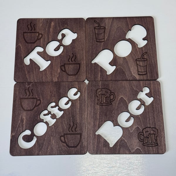 Walnut Stain Wooden Coasters Set, Tea, Coffee, Beer & Pop Cut-Out Beech Coasters