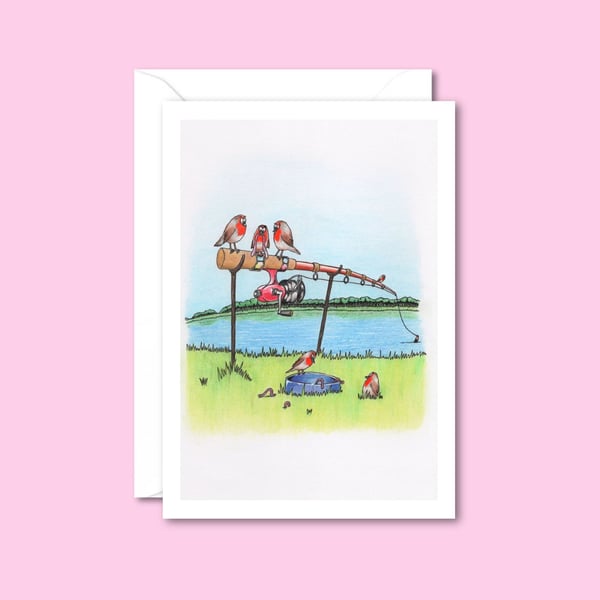 River Bank Greeting Card: Fishing Rod Birthday Card - Pencil Illustration 