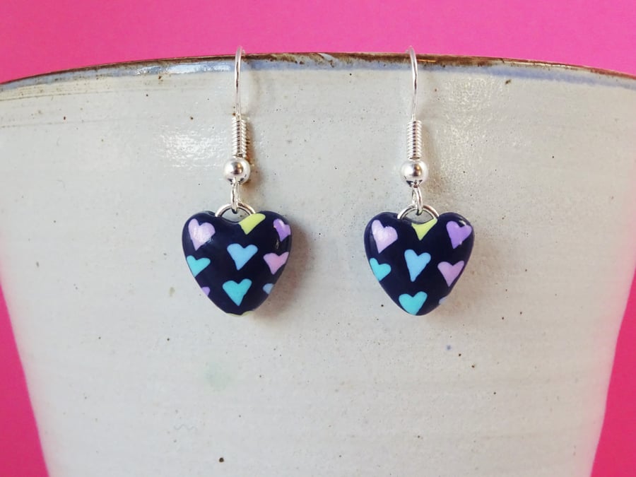 Navy blue heart earrings, Pastel heart pattern, Heart jewellery