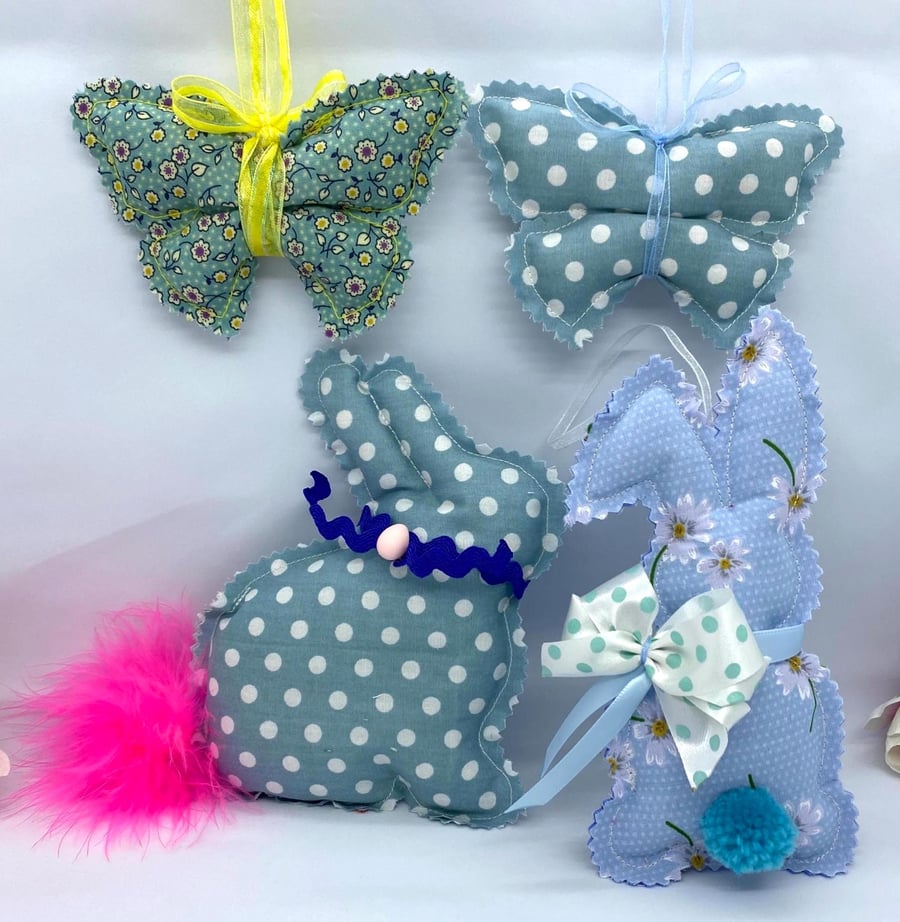 Handmade Easter Decoration Set – Blue Bunny & Butterfly Ornaments 4 Piece