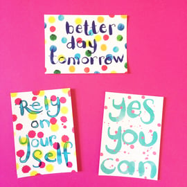 Set of 3 Word Postcards by Jo Brown, uplifting slogans
