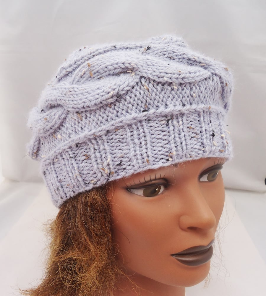 Hand Knit Women Hat, Women Cable Hat, Women Beret, Hat in Grey