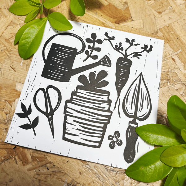 Handprinted gardening Lino print 13.5cm x 13.5cm Black and white greetings card