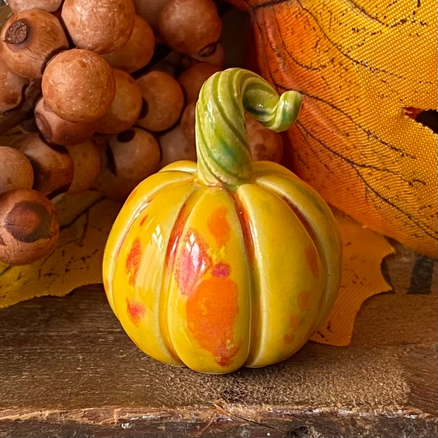 Yellow Small standing ceramic pumpkin decoration 