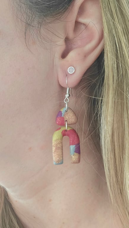 Polymer clay multi colour drop earrings on silver plated earhooks