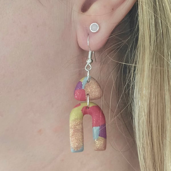 Polymer clay multi colour drop earrings on silver plated earhooks