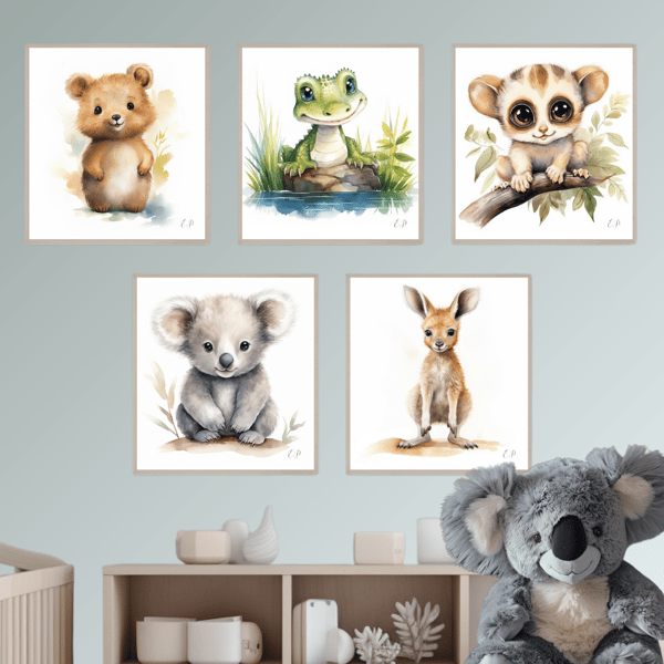 Watercolour Nursery Prints - 'Cute Australian Animals' - Quokka, Kangaroo, Koala
