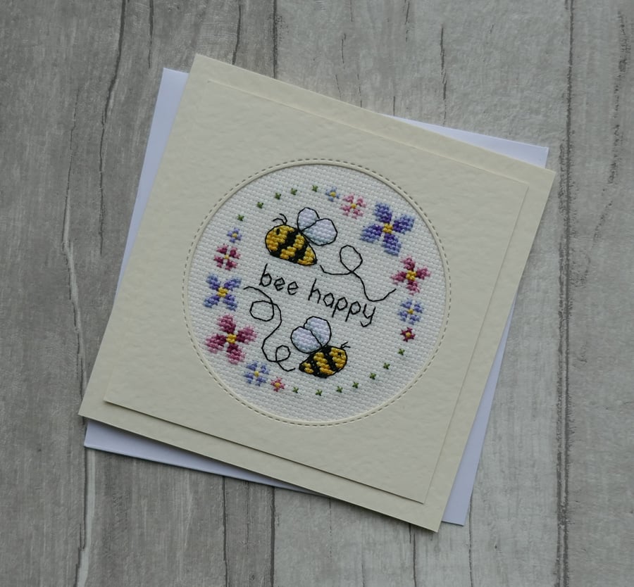 Cross Stitch Bee Happy - Blank Greetings Card