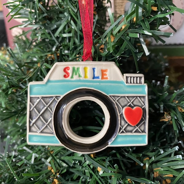 Fun ceramic Camera Christmas decoration blue