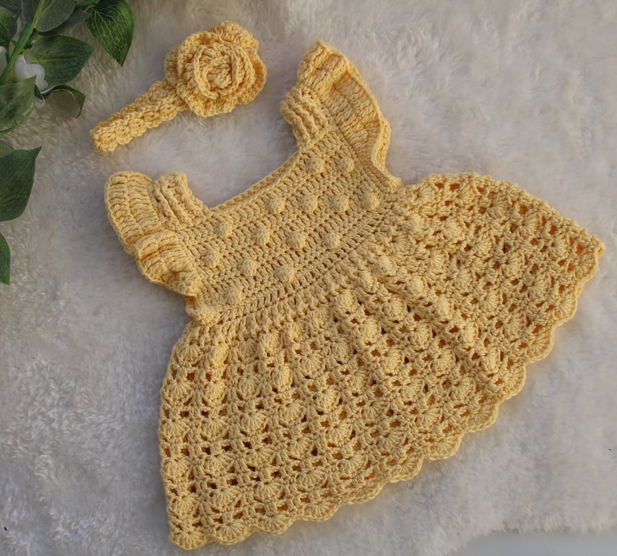Baby Girl Dress and Headband Set - Bamboo Cotton - Pale Yellow - New Baby Girl
