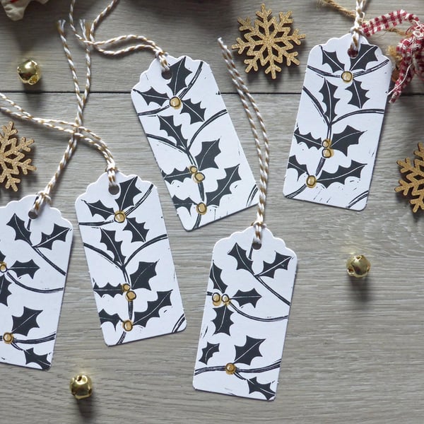 Handmade Christmas Holly Gift Tags – Set of 5 Hand Printed Lino Cut Gift Tags