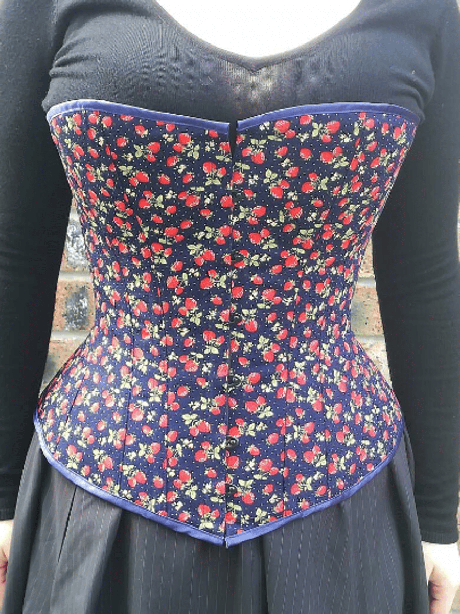 Hand Made 26 steel boned overbust corset in strawberry printed cotton