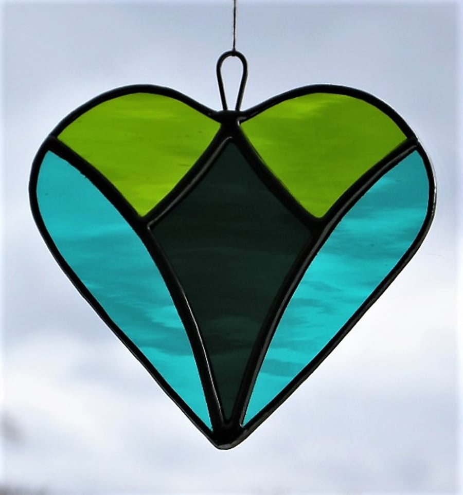 Stained glass suncatcher love heart in teal green, moss green & dark teal green