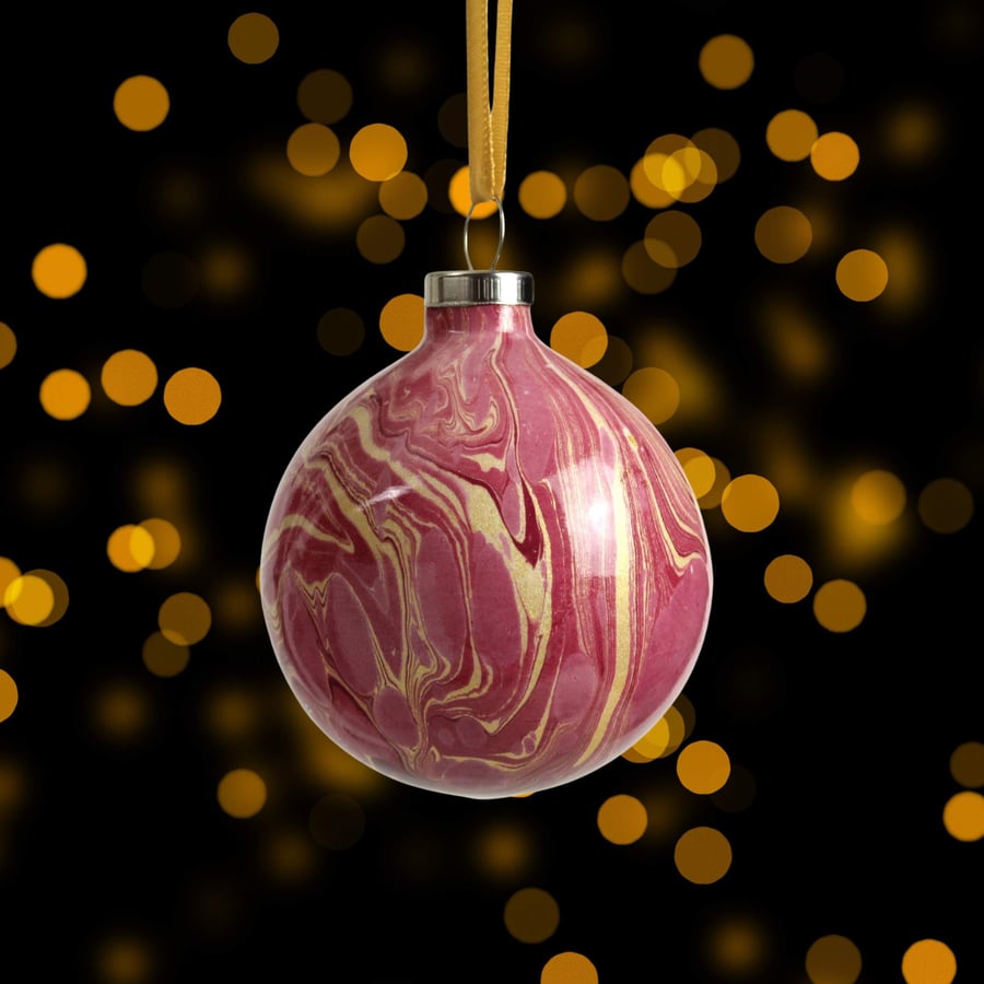 Christmas bauble ceramic hand marbled 5cm round in red and gold 