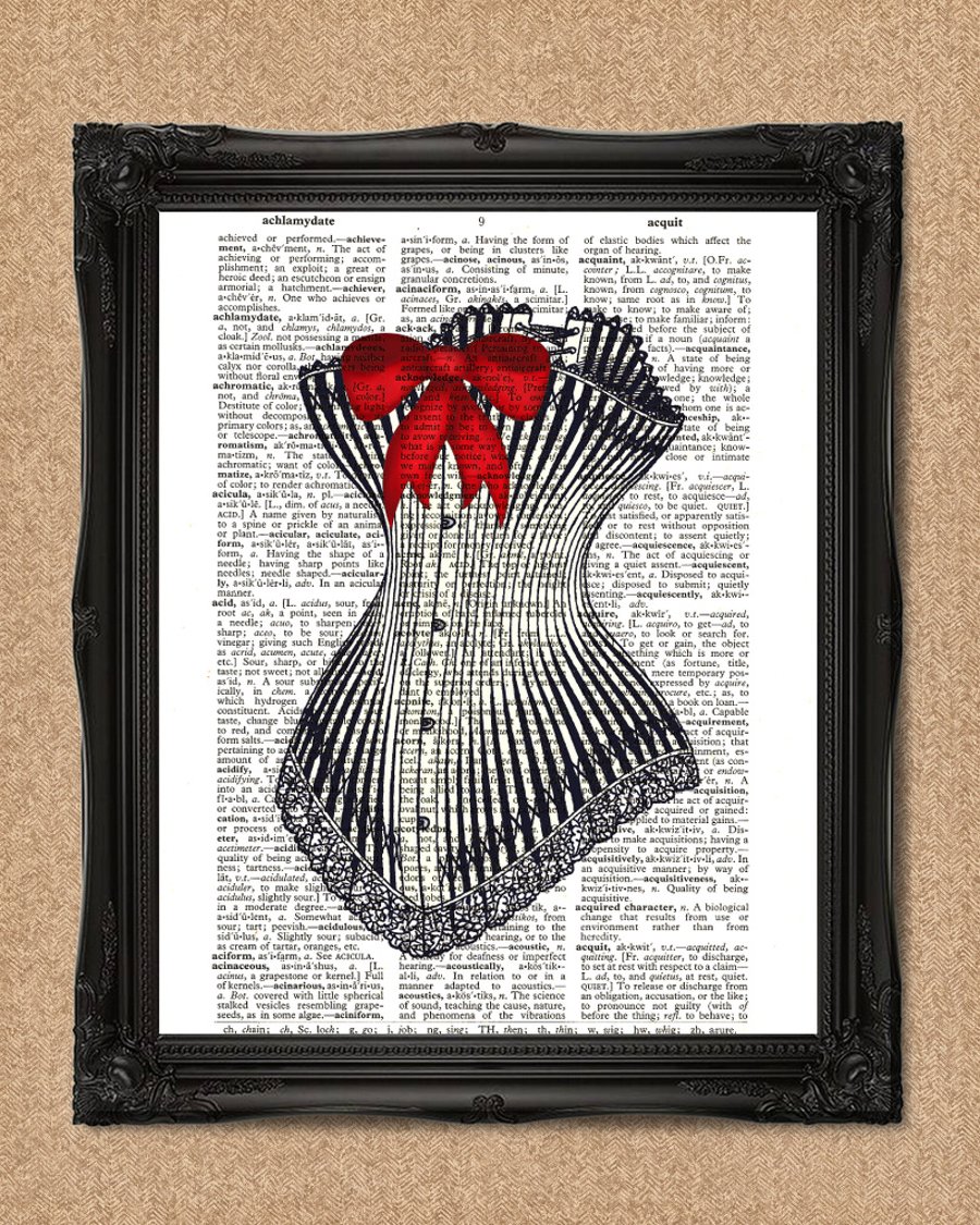 CORSET DICTIONARY PRINT red ribbon burlesque steampunk costume A072D