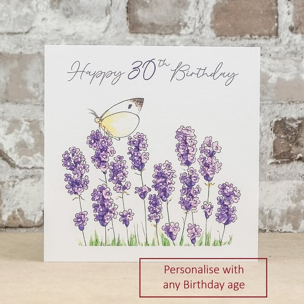 Birthday Card Lavender Butterfly - Personalise with any age eco friendly