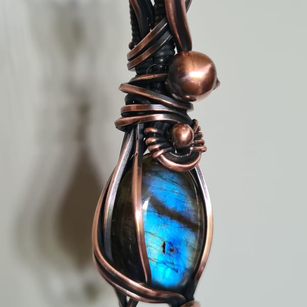 Handmade Natural Dark Blue Labradorite & Copper Pendant Necklace Gift Boxed