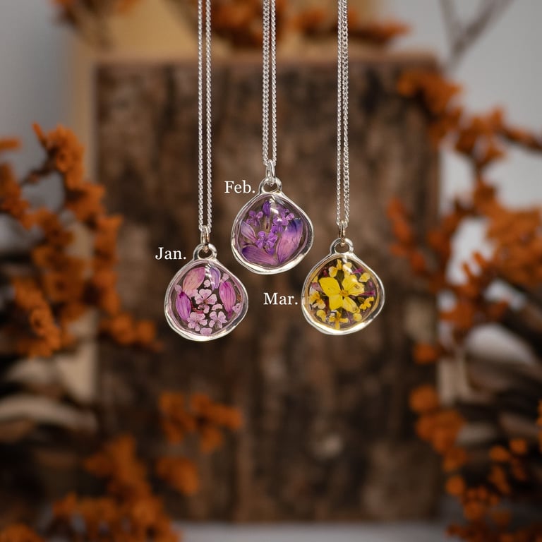 Personalised Birth Flower Necklace – Sterling Silver Resin Pendant