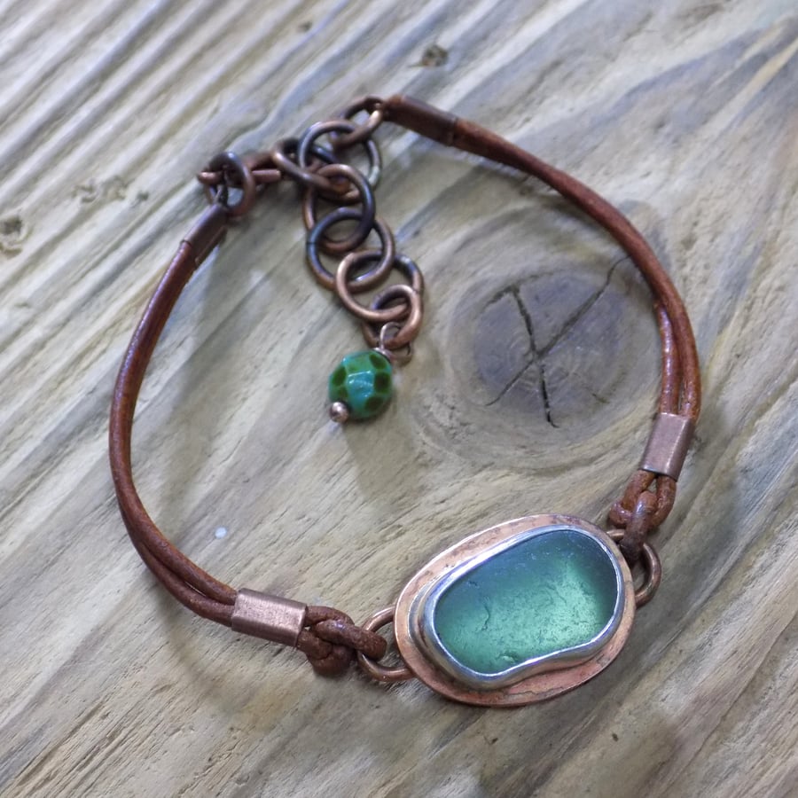 Bezel set sea glass boho hippy bracelet ,adjustable