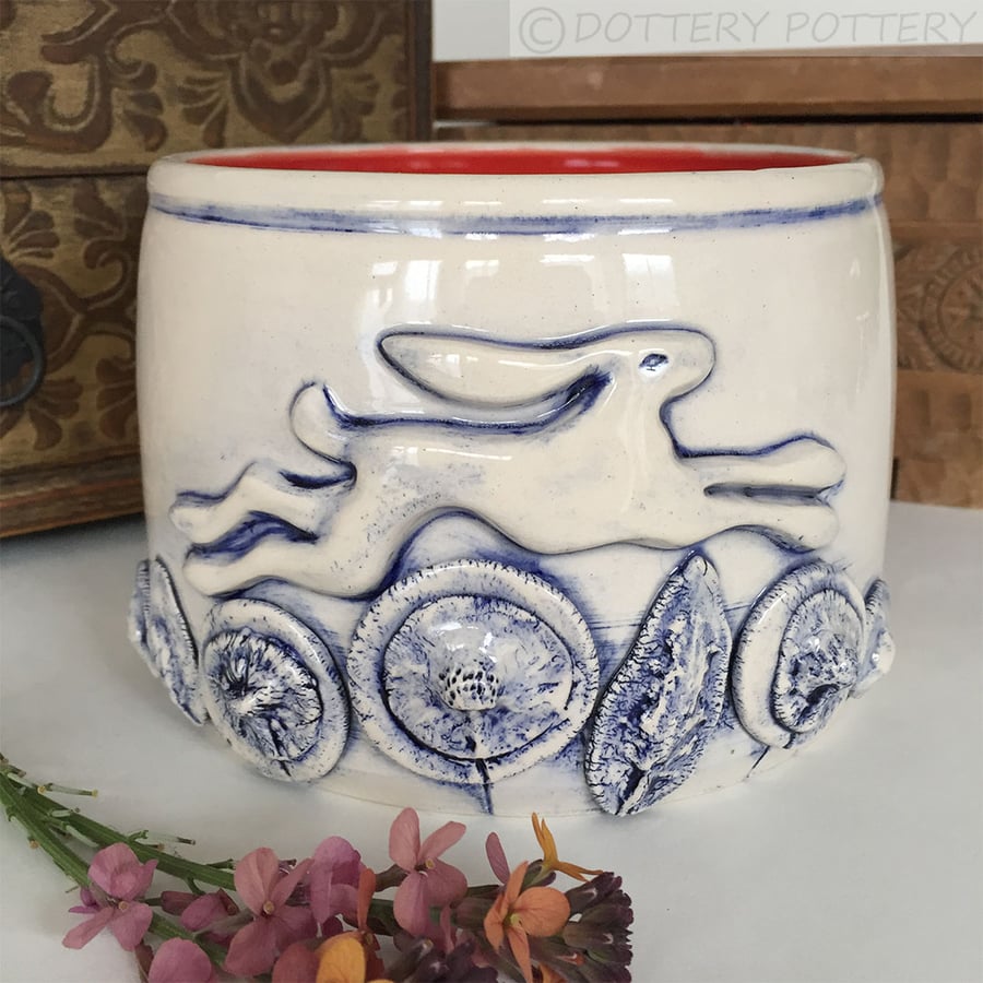 Leaping hare ceramic pot Hare and flowers pottery bowl earthenware wheel thrown 