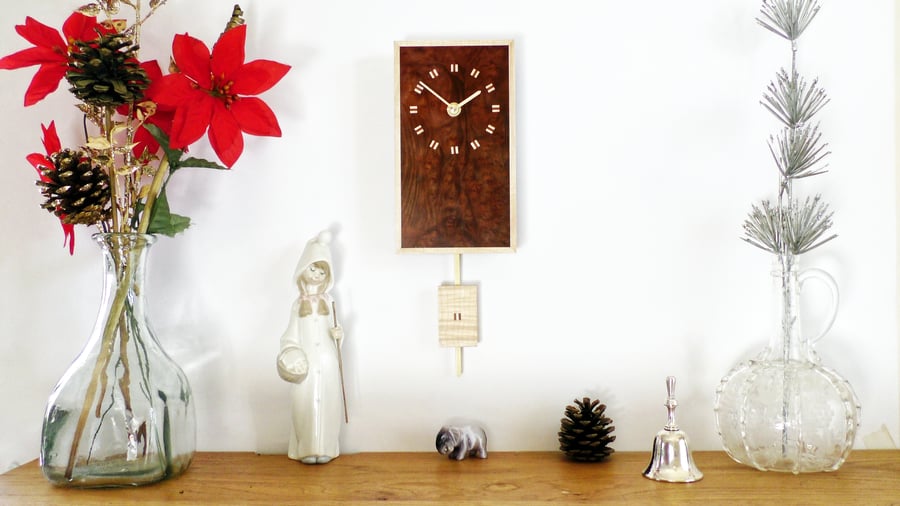 Rectangular Pendulum Wall Clock in burr madrone and sycamore with inlaid squares