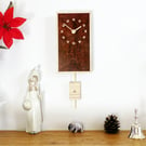 Rectangular Pendulum Wall Clock in burr madrone and sycamore with inlaid squares