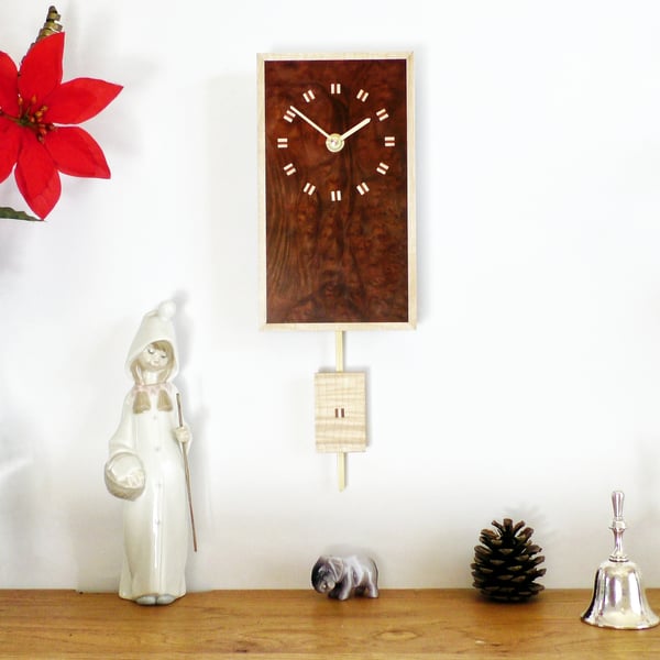Rectangular Pendulum Wall Clock in burr madrone and sycamore with inlaid squares