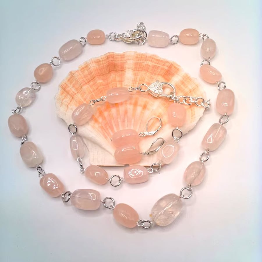 Pale Pink Rose Quartz Chunky Nugget Bead 3 Piece Jewellery Set, Gift for Her