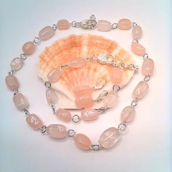 Pale Pink Rose Quartz Chunky Nugget Bead 3 Piece Jewellery Set, Gift for Her