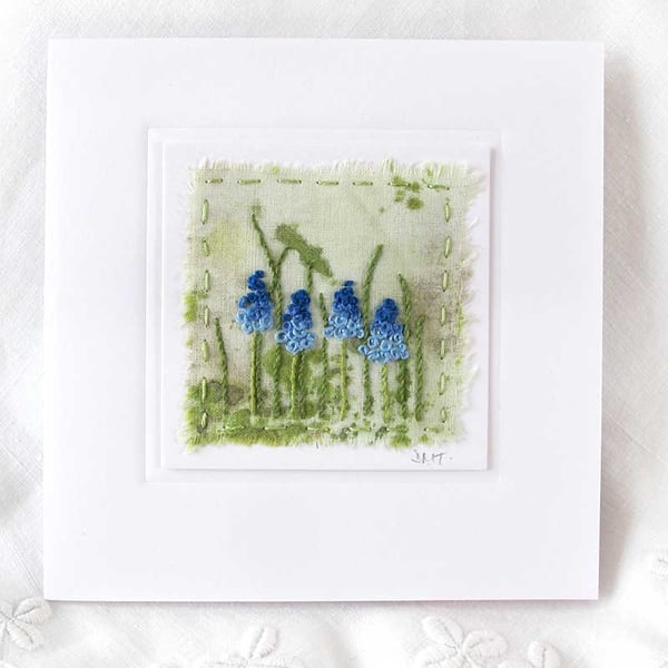 HAND EMBROIDERED GREETINGS CARD GRAPE HYACINTH