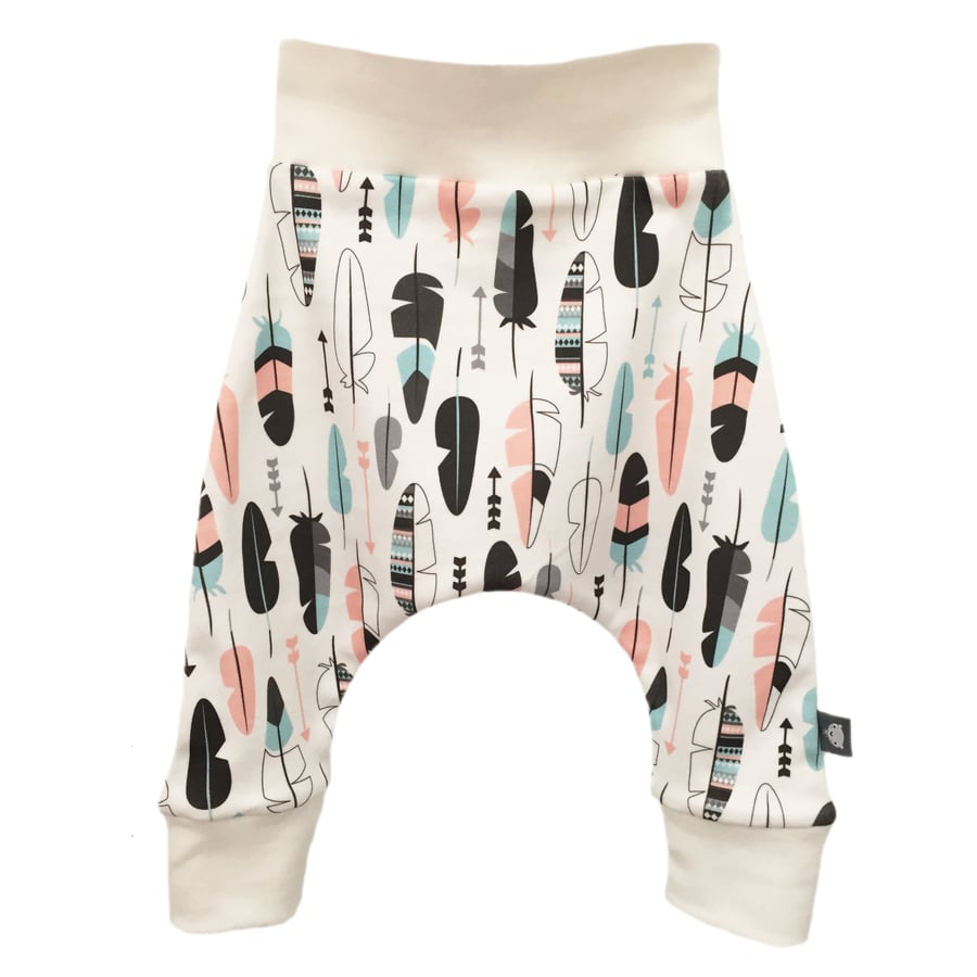 Baby HAREM PANTS in Multi FEATHERS - Organic Relaxed Trousers - A Gift Idea