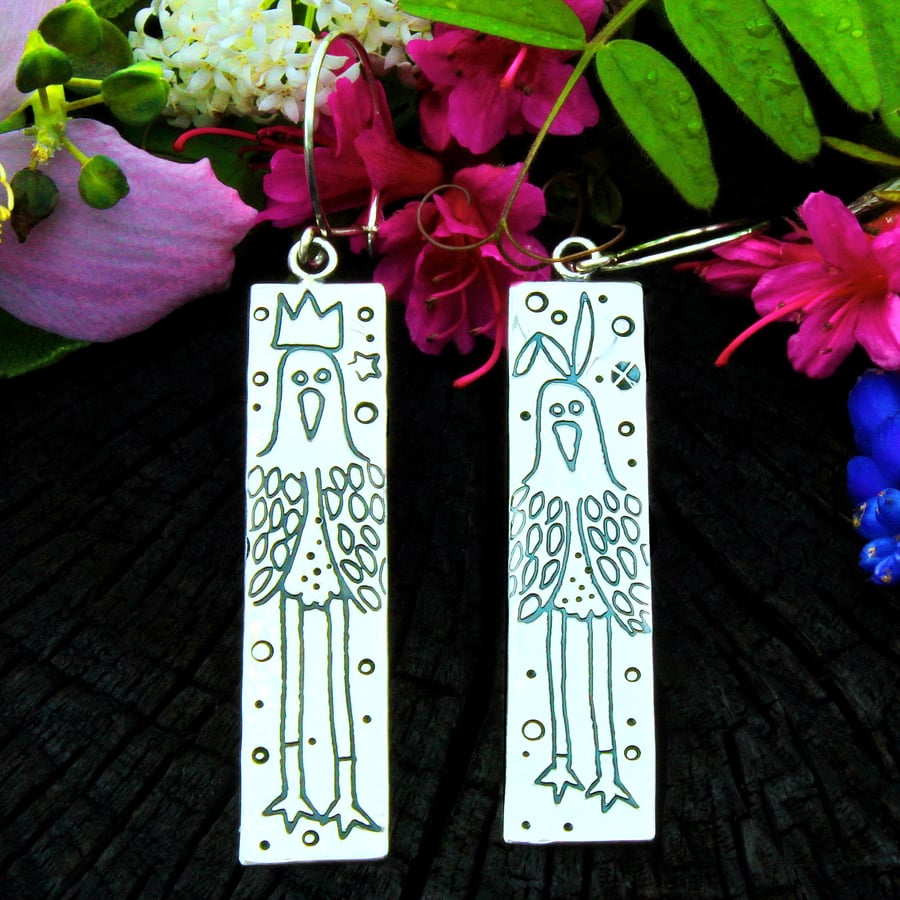 Handmade bird earrings, sterling silver long legged birds, artist designed