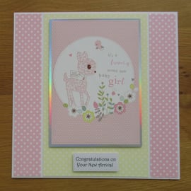Pink Deer - New Baby Girl Large Card (19x19cm)