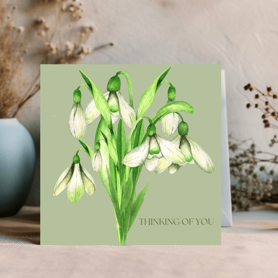 Watercolour Snowdrop Card - Thinking of you - may be personalised